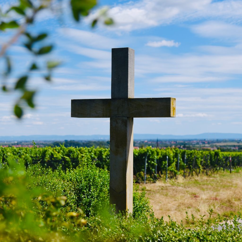 brown wooden cross on green grass field under blue sky during daytime